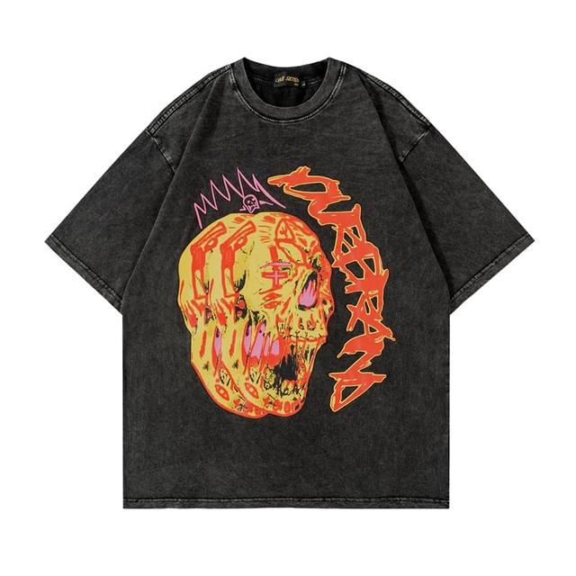 T-Shirt de Algodão com Gráfico Caveira Retro para Homem