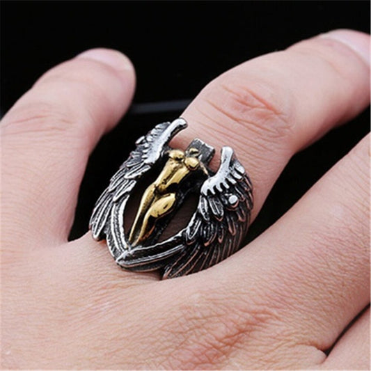 Titanium Steel Men's Vintage Angel Wing Cross Ring
