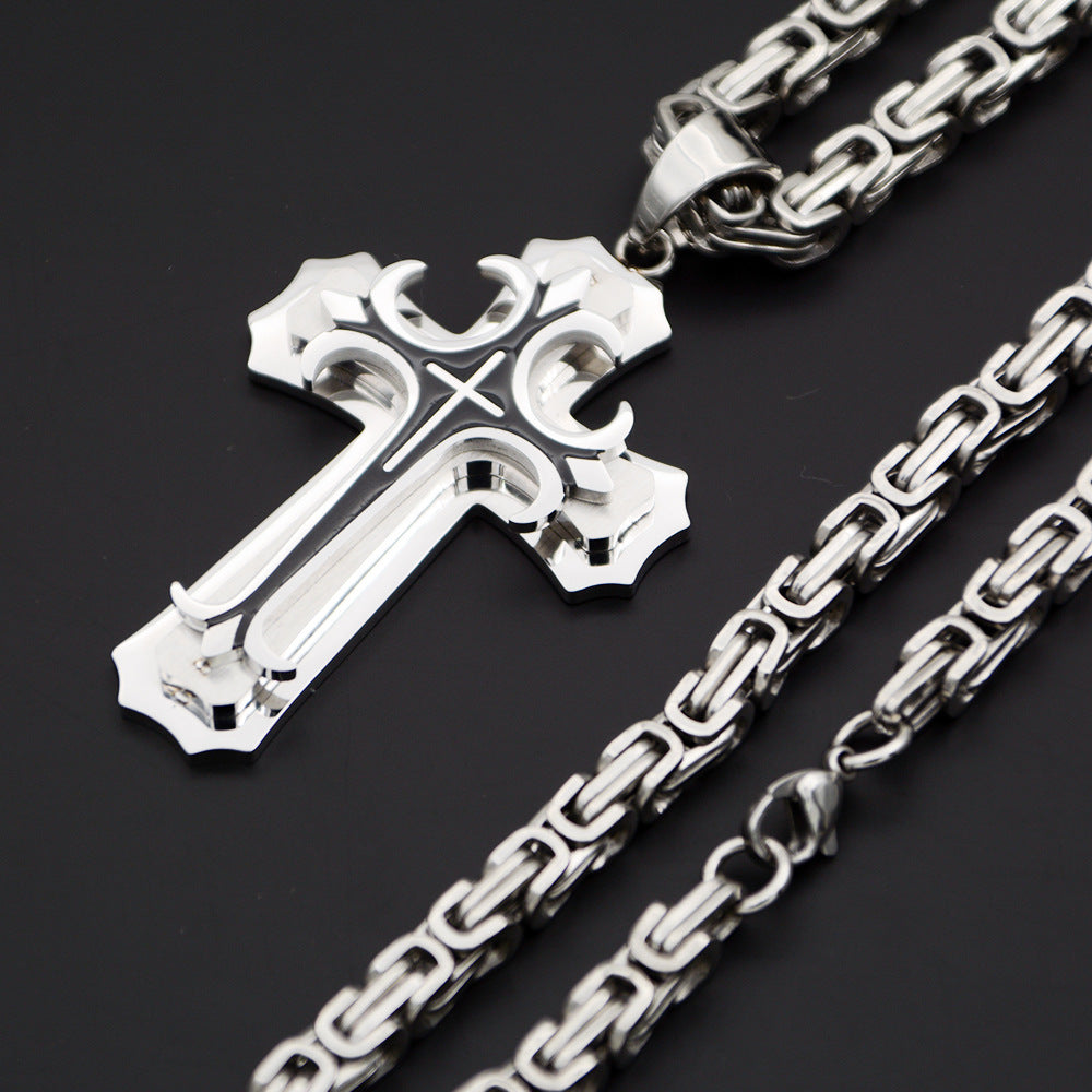 Double Layer Cross Pendant Necklace for Men in Stainless Steel
