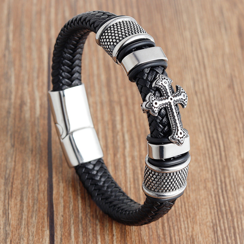 Handcrafted Leather Braided Bracelet with Cross Design