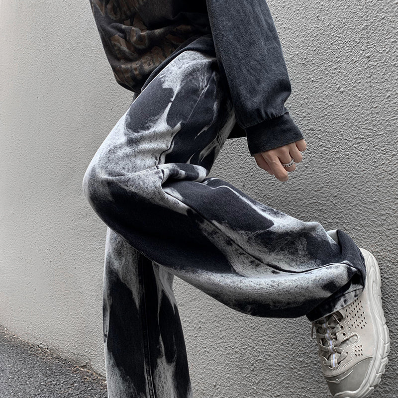 Tie-dye baggy straight denim pants