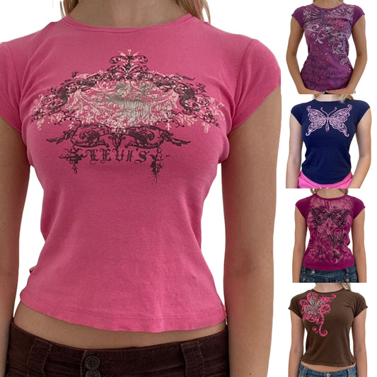 T-Shirt Vintage Feminina Y2K Ajustada de Manga Curta Casual
