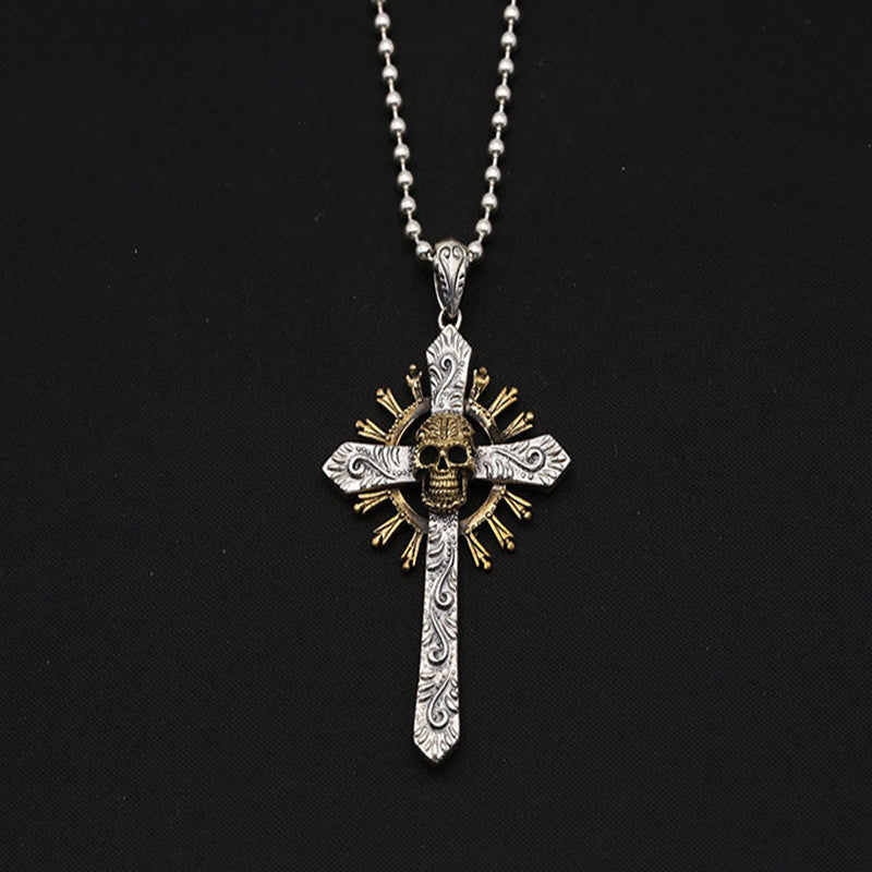 Wholesale S925 Silver Vintage Punk Skull Cross Pendant