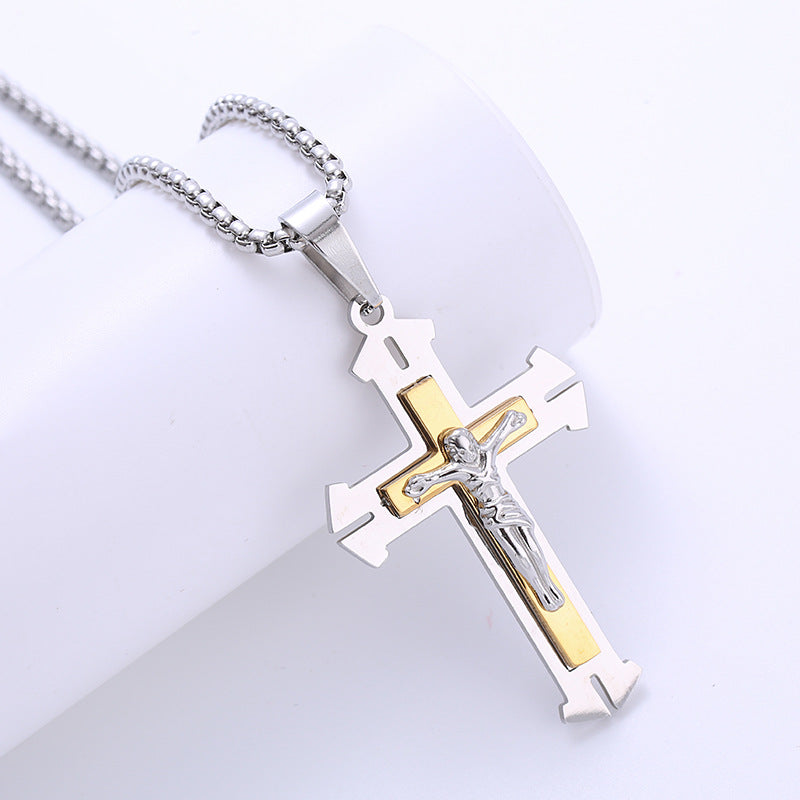 AML Vintage Stainless Steel Double Layer Jesus Cross Necklace