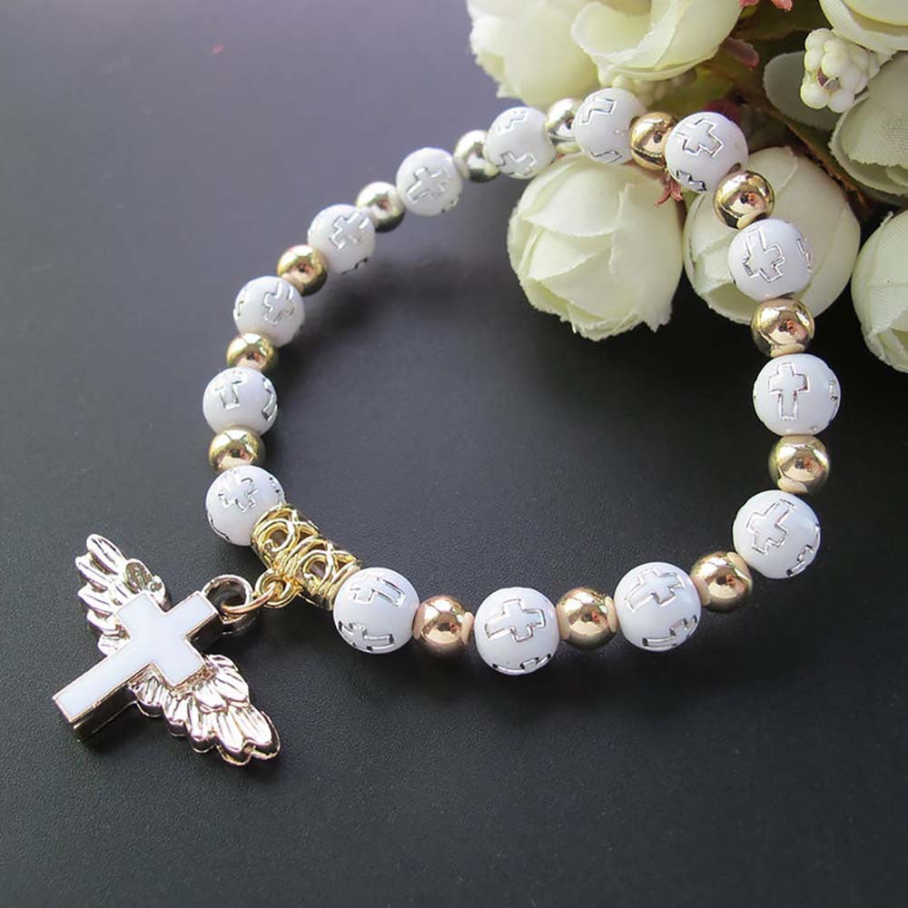 Angel cross rosary bracelet, oil drip finish