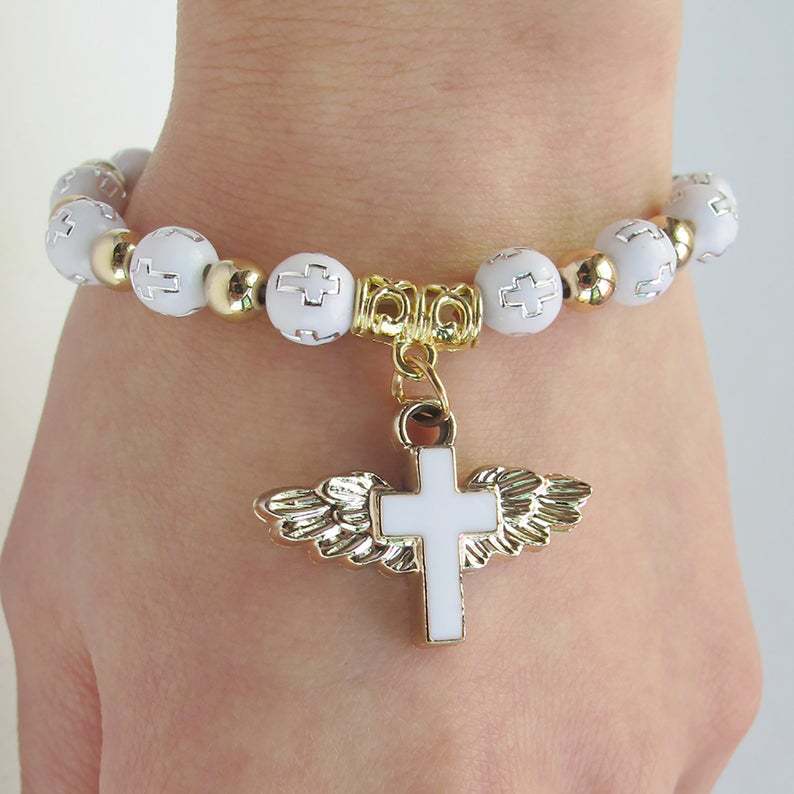 Angel cross rosary bracelet, oil drip finish
