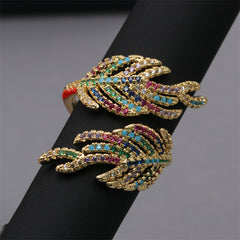 Women's Adjustable Copper Ring with Zircon Leaf Design