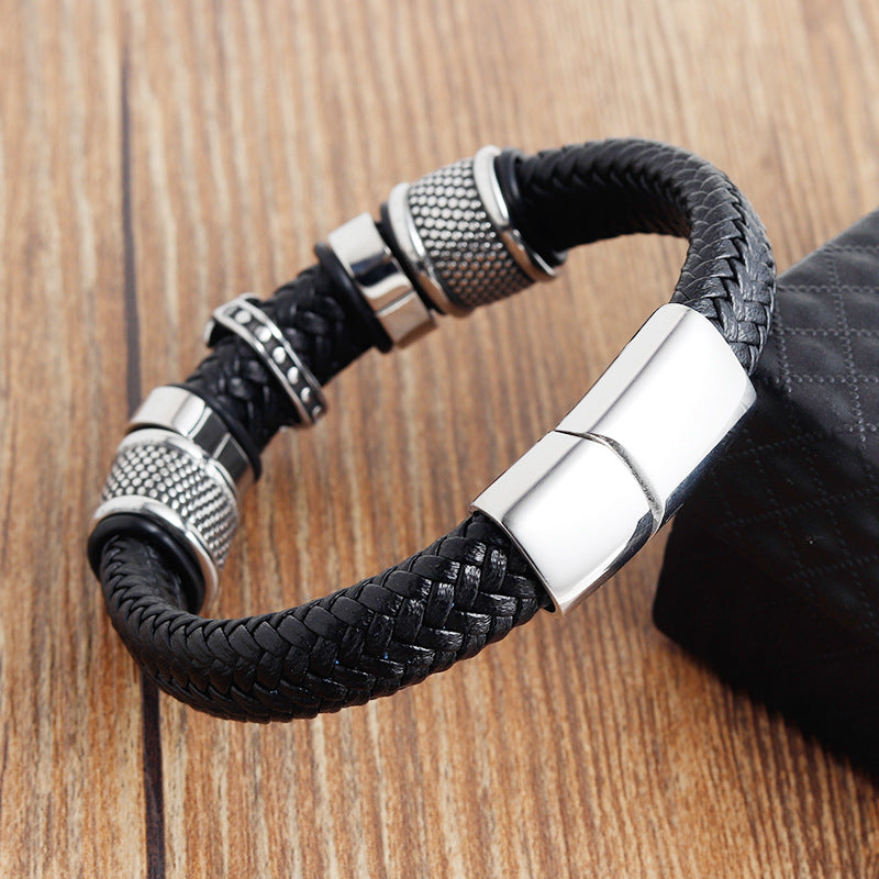 Handcrafted Leather Braided Bracelet with Cross Design