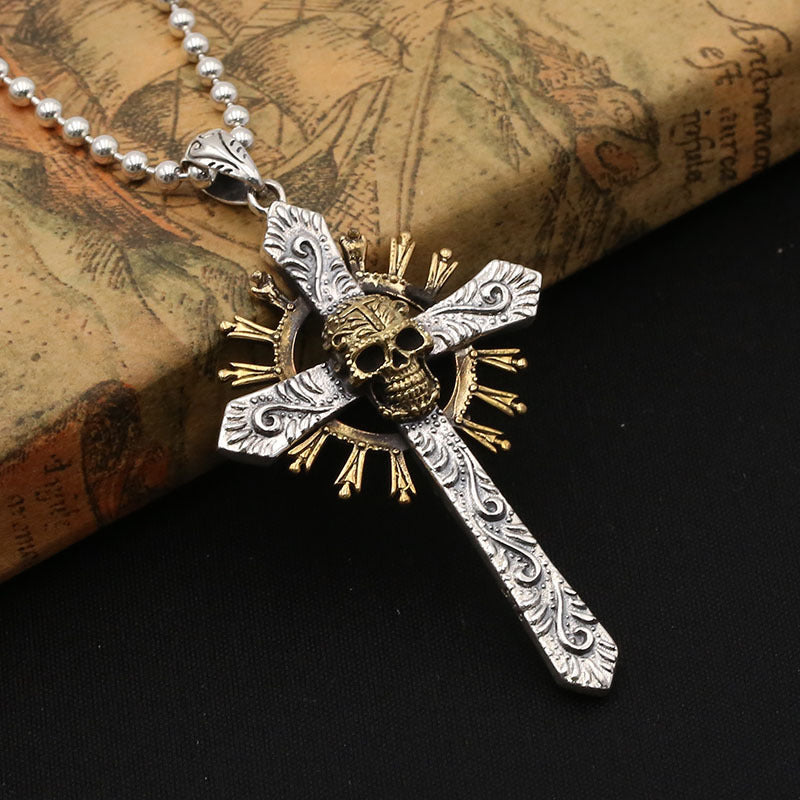 Wholesale S925 Silver Vintage Punk Skull Cross Pendant