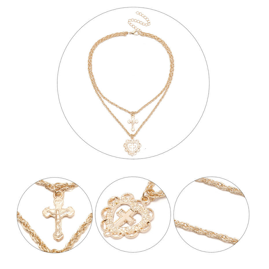 Trendy Dual-Layer Heart Cross Pendant Necklace for Women