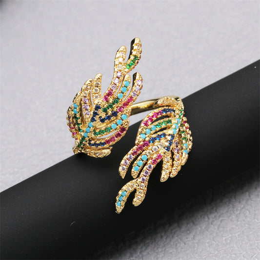 Women's Adjustable Copper Ring with Zircon Leaf Design