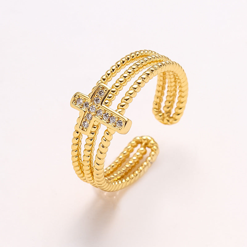 18K Gold Copper Plated Zircon Cross Geometric Ring