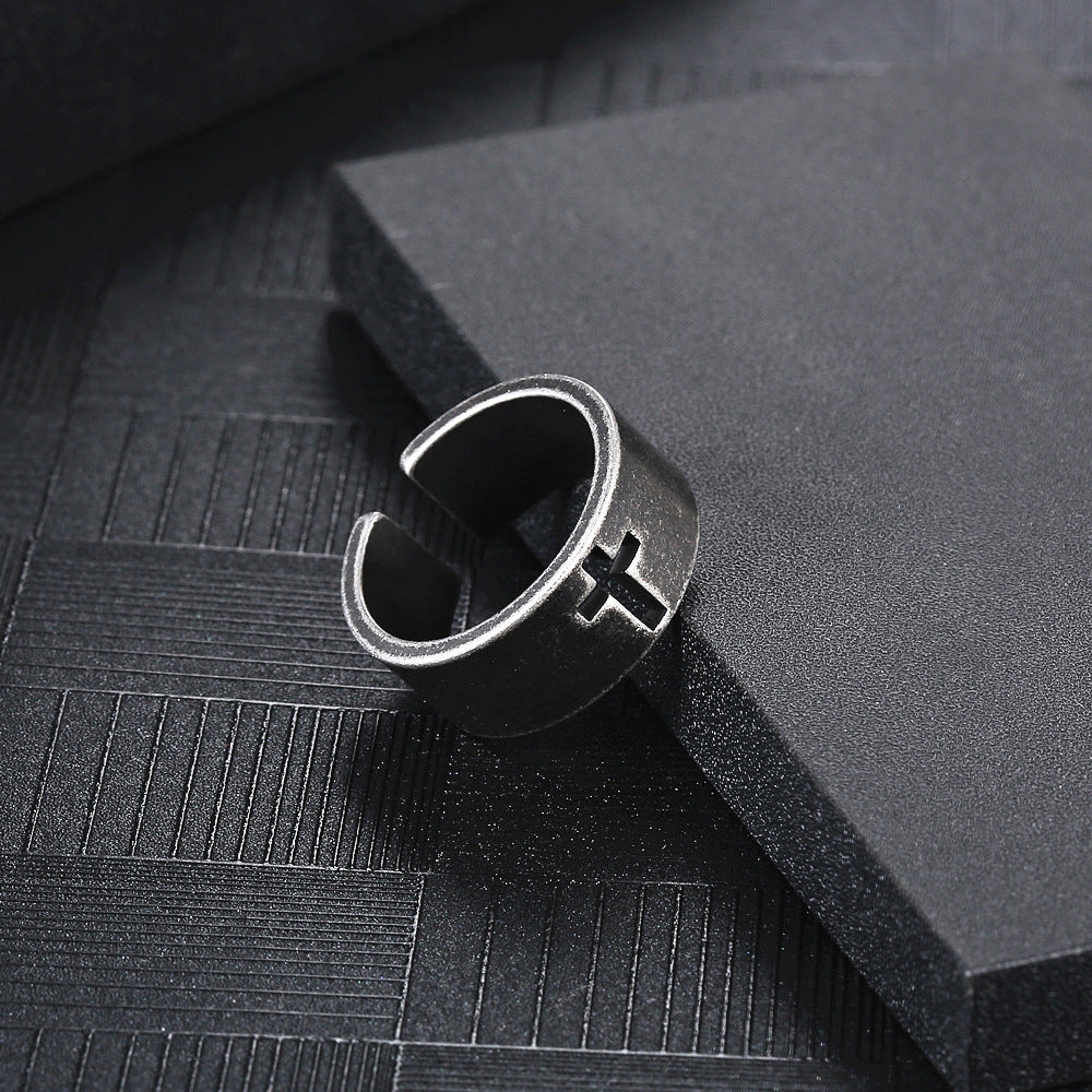 Retro Titanium Steel Hollow Cross Ring for Trendy Style