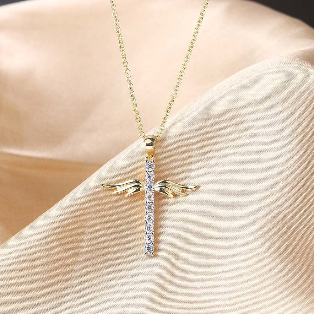 Angel wings cross necklace with colored zirconia pendant