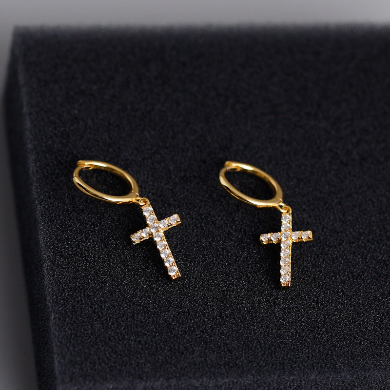 Silver cross stud earrings with diamonds