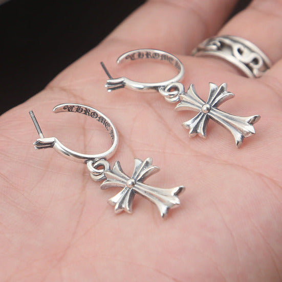 Silver vintage cross earrings, Korean style, S925